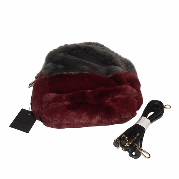 Faux Fur Backpack Gray Burgundy Travel School Vacation Academia Fuzzy - Picture 10 of 13